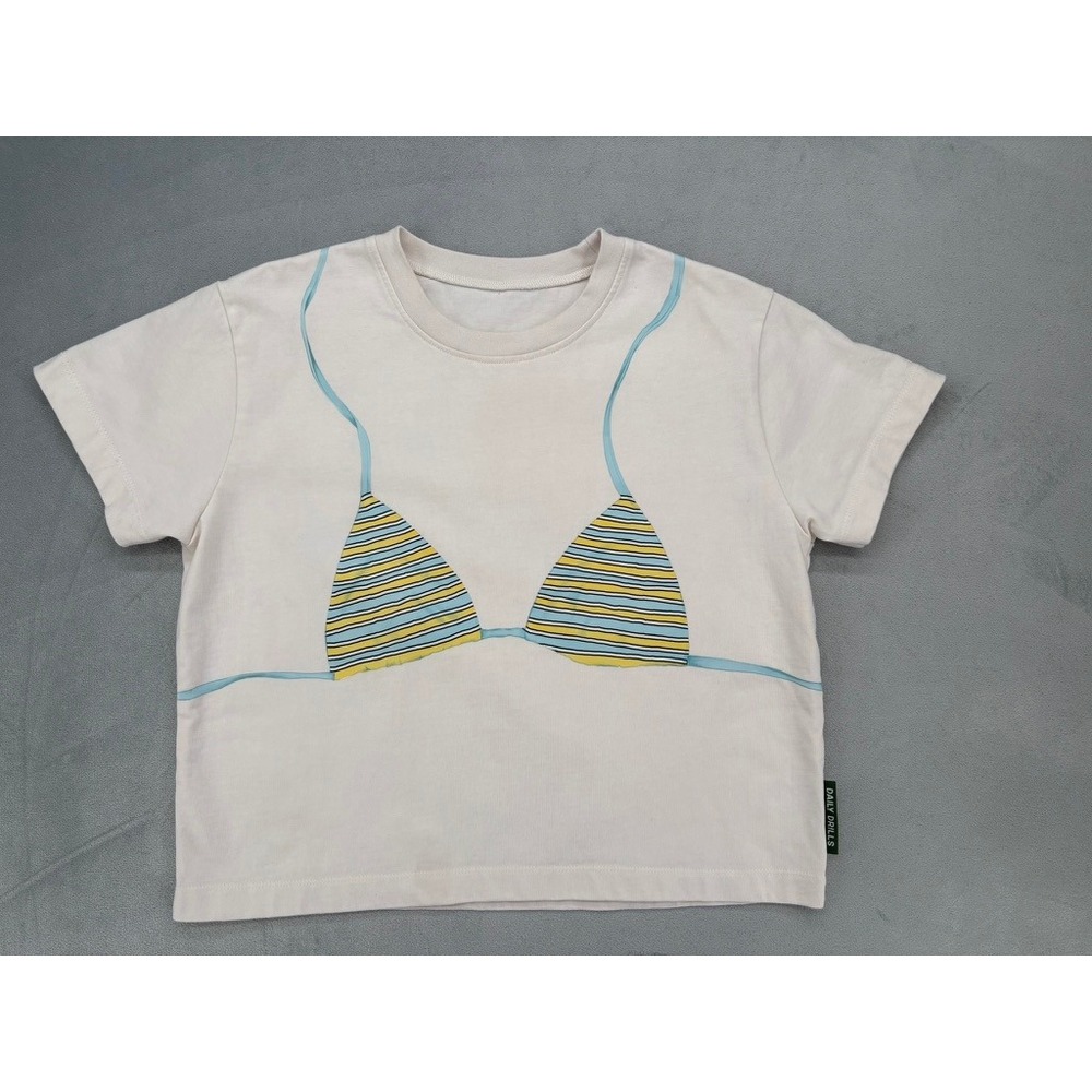 Daily Drills Bikini Graphic Tee Women XS/S Cream Trompe L'oeil Crop Top Festival